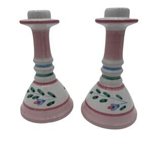 Vintage Caleca Candlesticks Pink Garland Made in Italy Handpainted Pair of 2